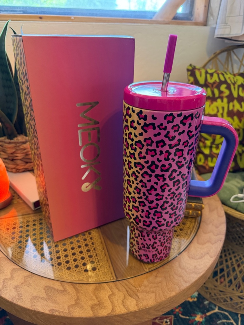 50 oz Meoky Pink Leopard Travel Tumbler with Straw